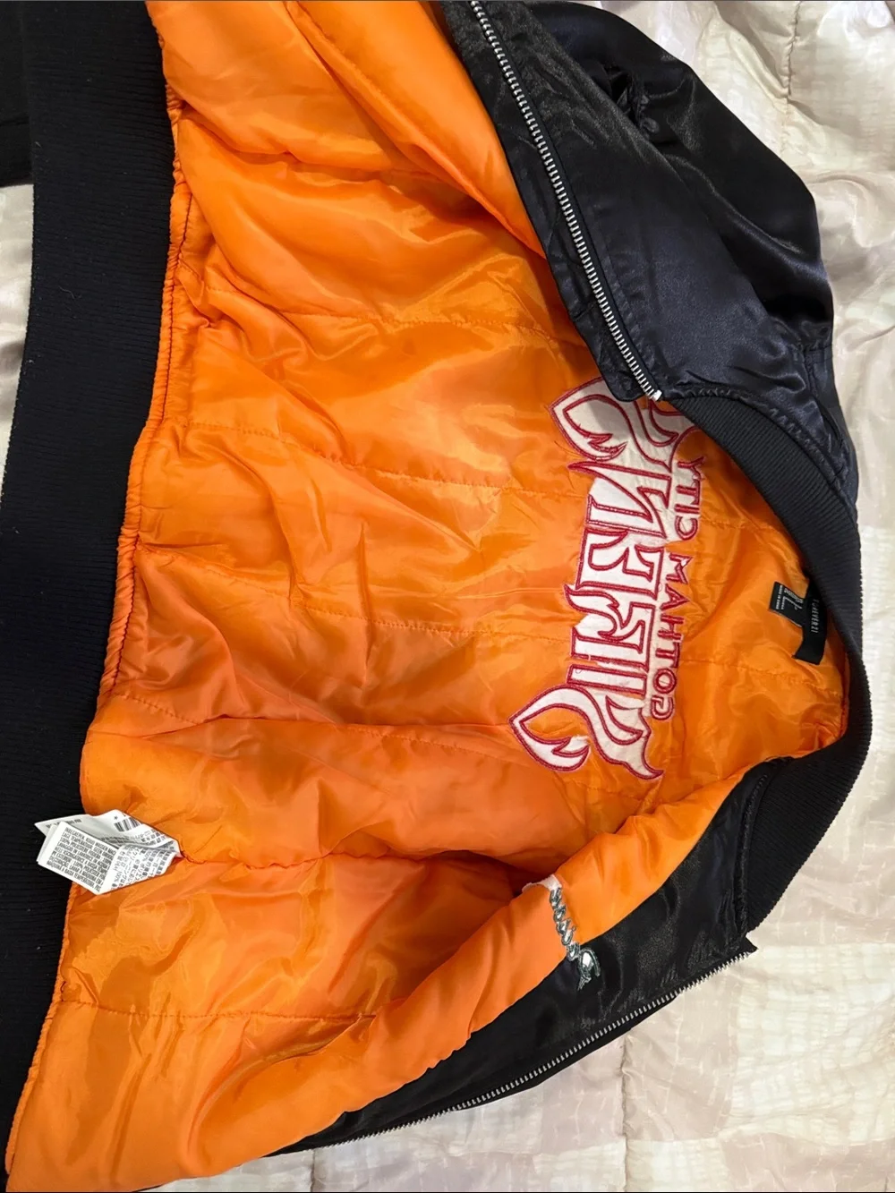 Custom Black Satin Bomber Jacket with Orange Lining and Gotham City Sirens logo